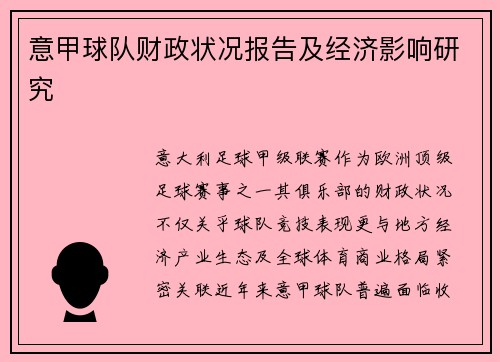 意甲球队财政状况报告及经济影响研究